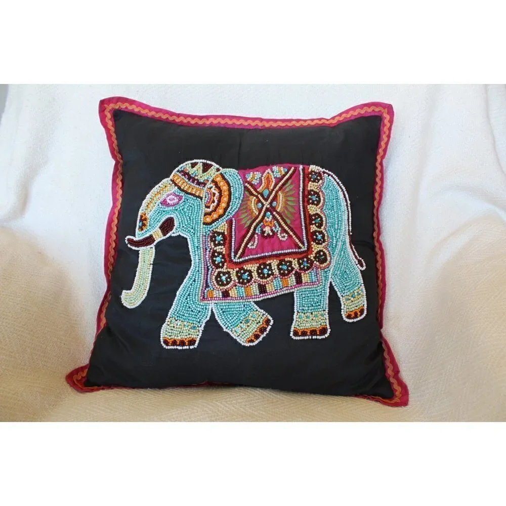 Atira Designs elephant handmade beaded pillow colorful animal safari made India